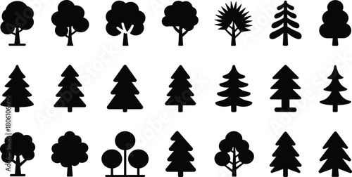Tree icon silhouette set, stylized foliage shapes, coniferous and broadleaf forms, nature graphic, landscape design element, botanical symbols