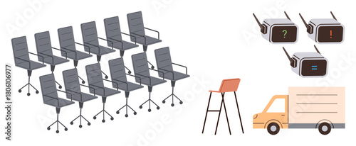 Rows of office chairs, power block indicators with symbols, a high bar stool, and a delivery truck. Ideal for workplace, logistics, furniture, productivity, technology shipment and decision-making