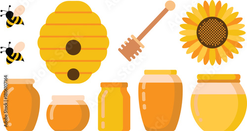 Honeycomb, Bees, Sunflower, and Jars of Honey Flat Illustration Collection on White