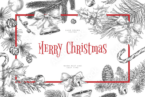 Rectangular red frame with pine branches, a candy cane, pine cones, a bell, and holly, hand-drawn.