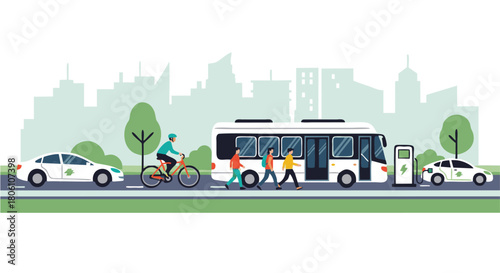 Sustainable urban mobility solutions showcasing electric vehicles, public transportation, cycling, and walking in a modern city environment, promoting eco-friendly commuting and a greener future
