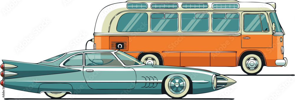 custom made wallpaper toronto digitalRetro Vehicles Vector Art A vibrant illustration depicting a stylish teal coupe car and a charming orange passenger bus, celebrating classic transportation design