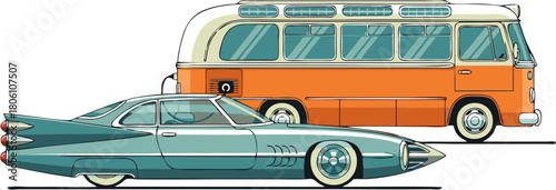 Retro Vehicles Vector Art A vibrant illustration depicting a stylish teal coupe car and a charming orange passenger bus, celebrating classic transportation design