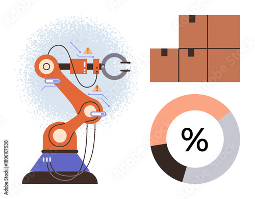 Robotic arm assembling or sorting alongside graph and stacked boxes. Ideal for automation, manufacturing, efficiency, logistics, technology, data analysis, productivity as a simple flat metaphor