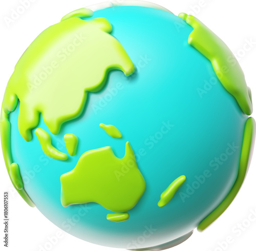 Planet Earth 3D cartoon plastic style vector icon, render globe with continents and oceans, Ecology volume symbol, world