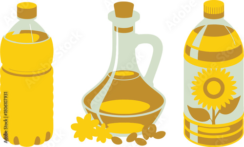 Illustration Assortment of Three Bottled Cooking Oils with Different Containers and Decorative Labels