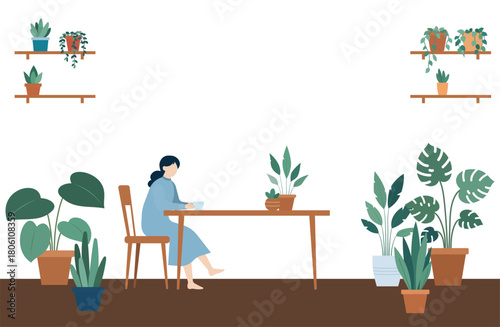 観葉植物に囲まれた落ち着いた室内時間を過ごすワンピース姿の女性