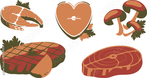 Illustration of Food Salmon Steak, Heart of Meat, Steak, and Mushrooms