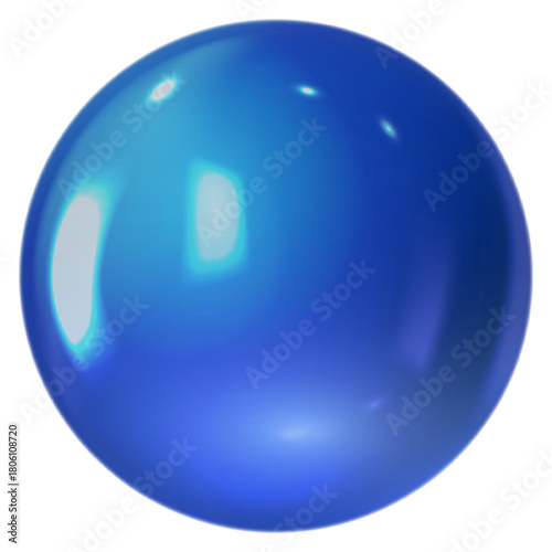 Blue glass 3D sphere with reflections, shimmering highlights, and a glossy, iridescent surface.