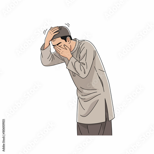 Man in prayer, feeling emotional distress or sadness, with hands covering his face