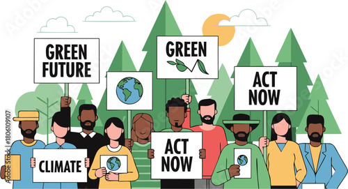 A diverse assembly of environmental advocates demonstrating for a green future, climate action, and ecological sustainability, holding signs calling for urgent global change