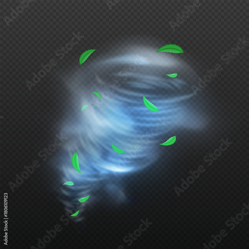 Realistic tornado swirl storm with leaves, hurricane wind vortex, vector 3D fresh cyclone twister, whirlwind air funnel