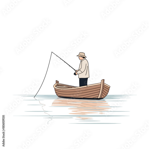 A lone fisherman in a hat casts his line from a small wooden boat adrift on calm, reflective water, enjoying a peaceful moment