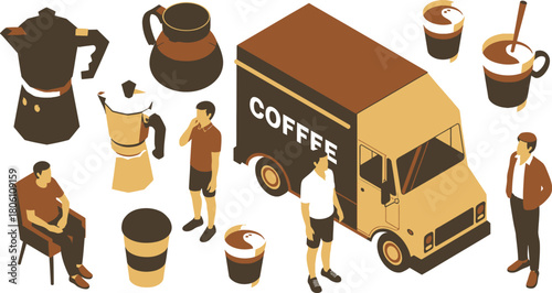 Isometric Coffee Coffee Truck, Pots, Mugs, and People in Relaxed Settings