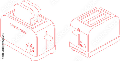 Isometric Illustration Red Outline Toaster with Bread Slices and Additional Unfilled Toaster, White Background