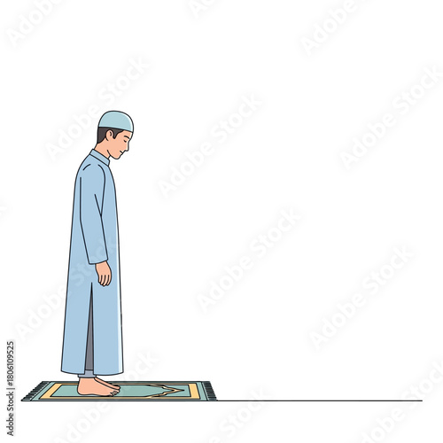 A Muslim man in traditional attire performing Salah, the Islamic prayer, on a prayer mat