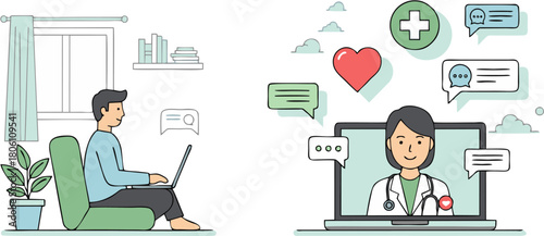 A man at home having an online medical consultation with a female doctor via laptop. Telehealth and remote medicine concept illustration
