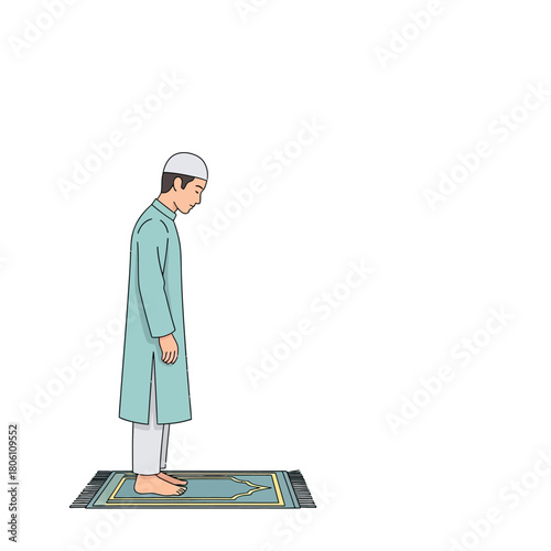 A Muslim man in traditional attire praying on a prayer mat, a representation of Islamic worship and spiritual devotion