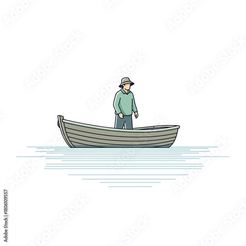 Person in a small boat floating on calm water, minimalist illustration of a solitary journey on a tranquil sea