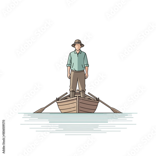 Man in a Rowboat with Oars, a Simple Illustration of a Person on a Nautical Journey