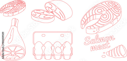 Isometric Outline Salmon Steaks, Ham, Lemons, Eggs in a Carton, and Handwritten 'Salmon Meat'
