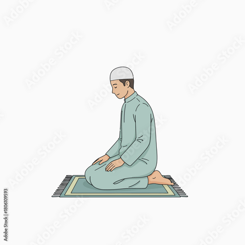 Islamic Prayer Rug and Man Kneeling in Respectful Worship