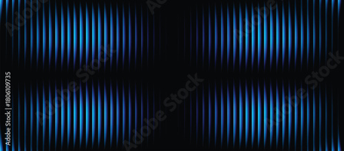 Blue black grid waves grainy gradient background template. Trendy ribbed glass waves effect texture.   Abstract 2x2 panel interference pattern with vertical line gradient and optical depth