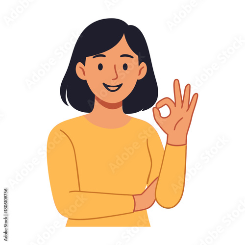 A cheerful young woman character making an okay hand gesture, expressing approval and positivity as a flat vector illustration