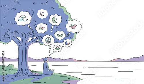 Mindful individual meditating in serene nature, contemplating peace, diverse beliefs, and global harmony, fostering introspection and a vision for collective well-being and unity