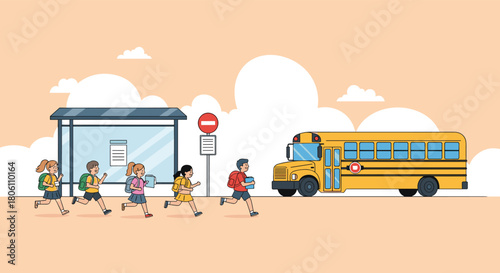 Diverse group of elementary school children with backpacks running towards a bright yellow school bus waiting at a bus stop under a clear sky.