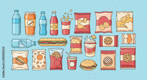 An assortment of colorful cartoon illustrations depicting various fast food items, packaged snacks, and beverages.