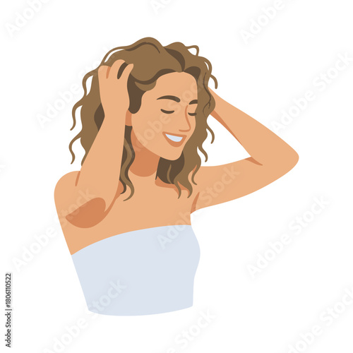 Smiling Woman with Curly Hair Touching Her Head A Flat Vector Illustration of Female Beauty and Self-Care