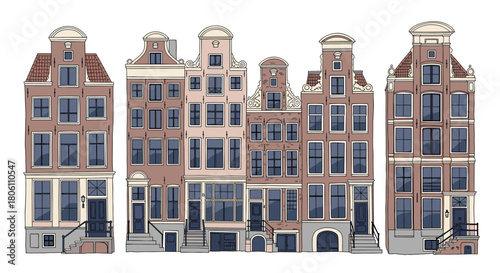 Hand-drawn illustration of classic Amsterdam canal houses, featuring iconic Dutch gables and traditional architecture against a clean white background.