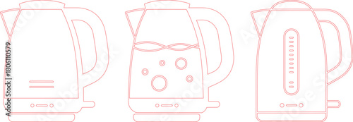 Line Art Depiction Three Electric Kettle Designs Featuring Bubbles, Water Level Indicators, and Power Buttons