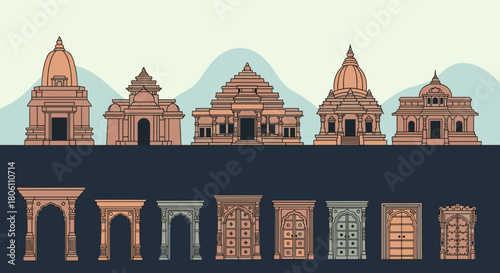 Illustrated collection of diverse Indian temple styles and traditional wooden doors, showcasing rich architectural heritage.