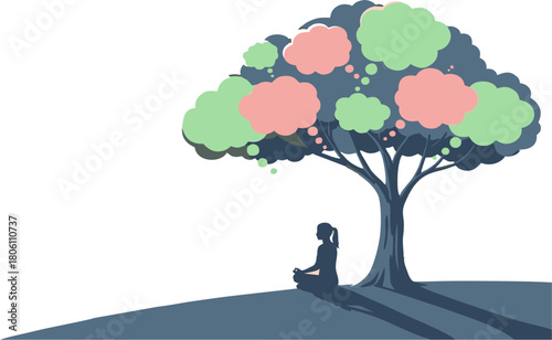 Silhouette of a woman meditating in lotus pose under a tree of thoughts, vector illustration for mindfulness and well-being