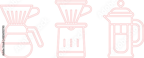 Line Art Illustration of Pour Over, Drip, and French Press Coffee Makers in Red Outline