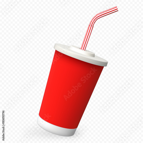 Soda drink plastic or paper red cup with straw, vector realistic 3d soda, juice, fast food soft drinks beverage package