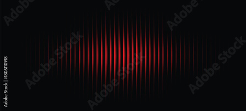 Red and black grainy gradient background template. Trendy ribbed glass waves effect texture with futuristic vintage aesthetic. Abstract vertical line pattern with symmetrical gradient