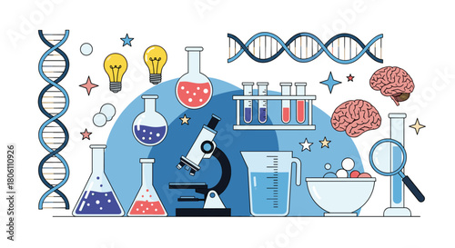 An illustrative collection of science and research elements including DNA, lab equipment, brains, and ideas, set against a blue background.