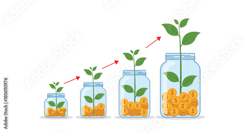 Financial growth and investment concept illustrated by plants growing in jars with increasing amounts of golden coins.