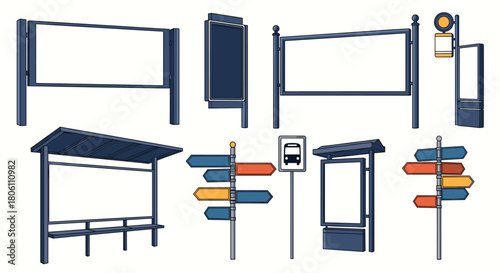 Vector illustration set of urban street furniture including empty billboards, bus stops, and directional road signs for public spaces.