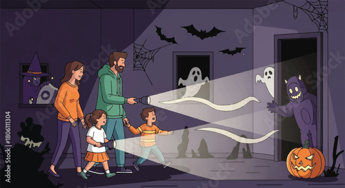 Spooky Halloween Night: A family embarks on a Halloween adventure, encountering whimsical ghosts and a costumed monster within a dimly lit setting.
