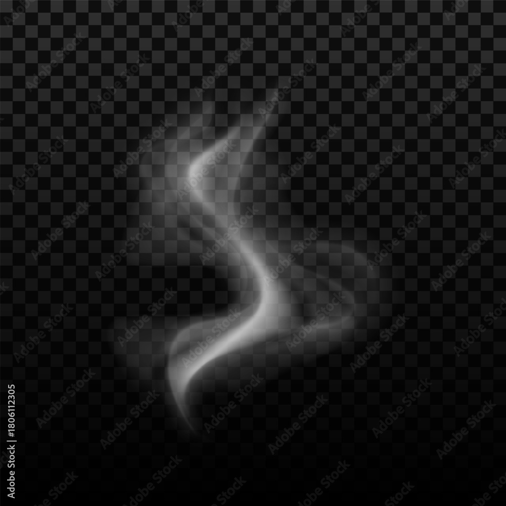 Fototapeta premium Smoke white steam, vapor or mist wavy flow, vector realistic overlay candle smoke effect, smoky cloud, misty fog swirls