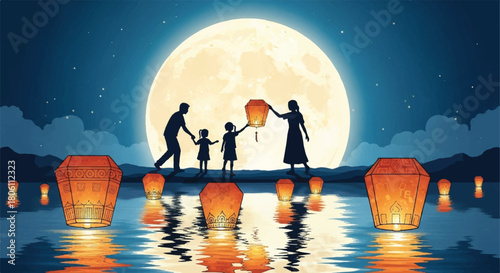 Celestial Lanterns: A family gathered by water at night, launching paper lanterns into the moonlit sky, symbolizing hopes and dreams, and embodying the values of unity.