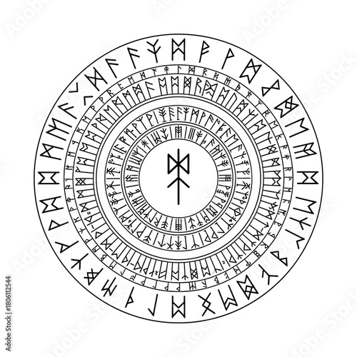 Circular Norse Rune Symbol: A detailed illustration of ancient runic inscriptions.