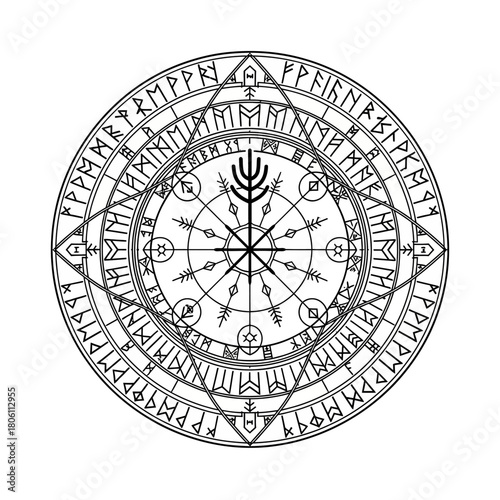 Intricate circular Norse rune compass with a central Vegvisir symbol and geometric patterns.
