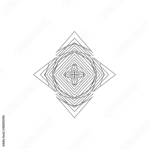 Intricate abstract geometric pattern with nested squares and triangles creating a symmetrical, radial design on a white background.