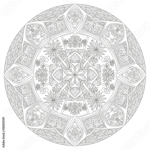 Intricate circular illustration featuring floral and geometric patterns, creating a symmetrical design with fine details.