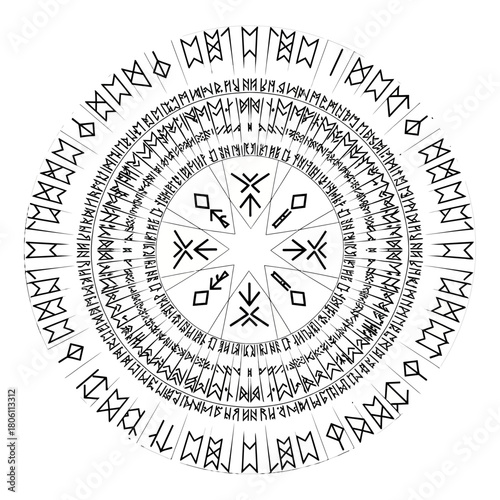 Black and white circular illustration of ancient Scandinavian runic symbols in a mystical pattern.